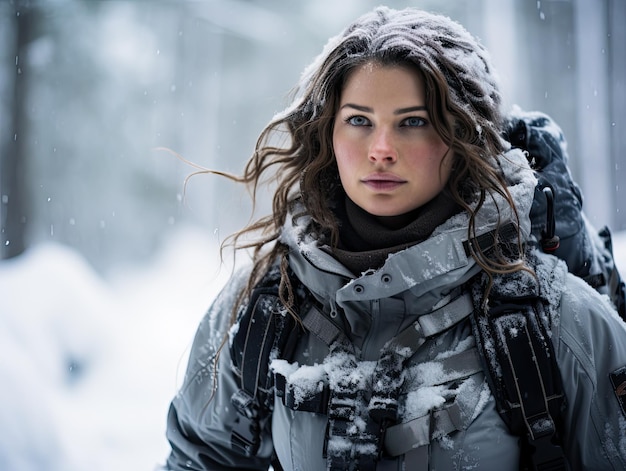 a woman in a coat with snow on her head