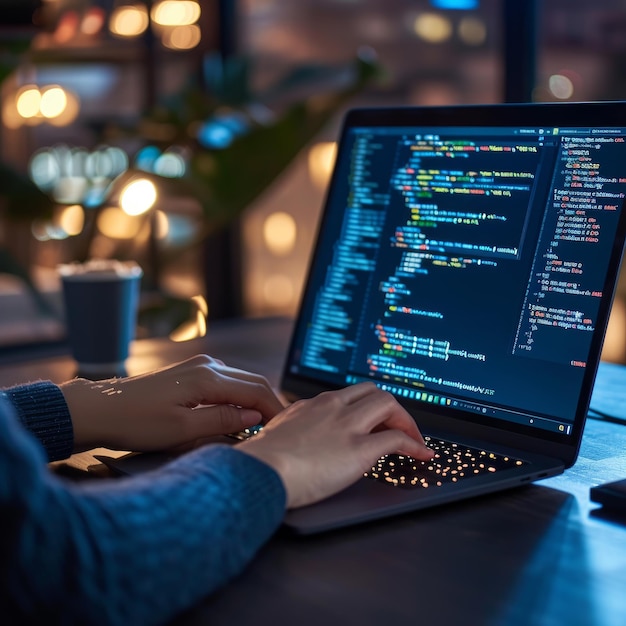 Photo woman coding html and programming on laptop screen