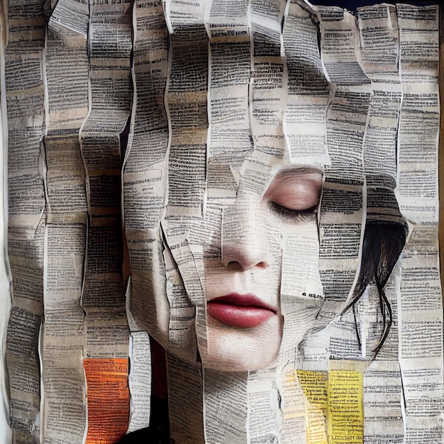 Photo woman collage portrait made of newspapers and magazines 3d rendering