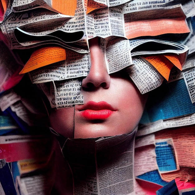 Woman collage portrait made of newspapers and magazines 3d rendering