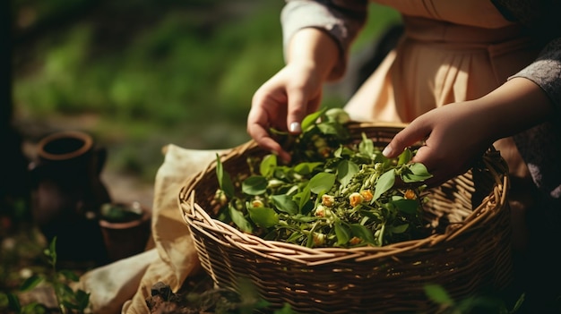 Woman collecting tea leaves into basketAI Generative AI