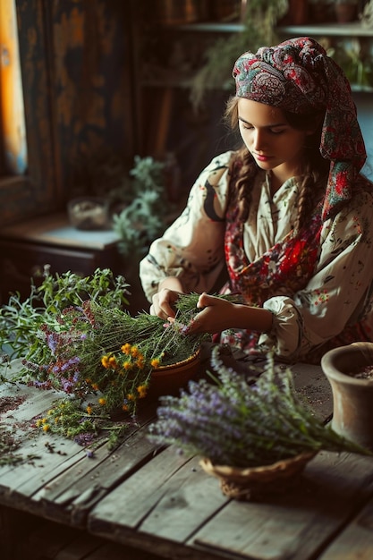 A woman collects medicinal herbs nature