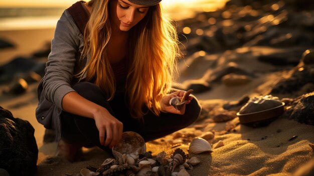 Photo woman collects seashells on the beach