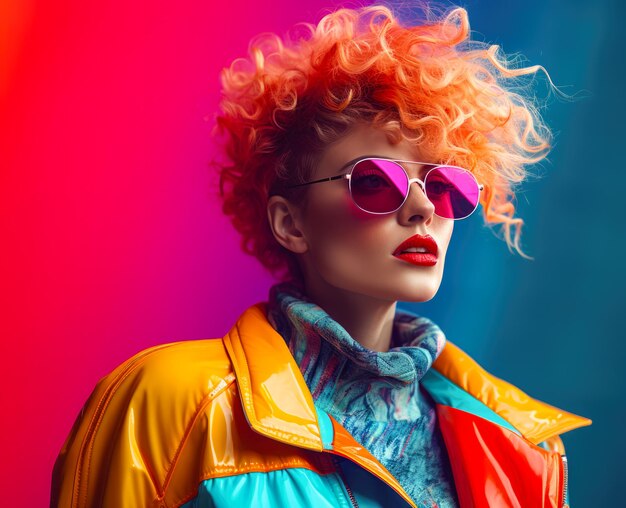 Woman in colorful 80s jacket 90s vibes concept image