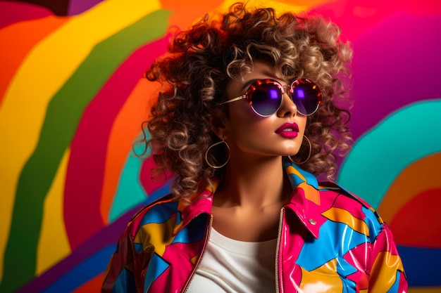 Woman in colorful 80s jacket 90s vibes concept image