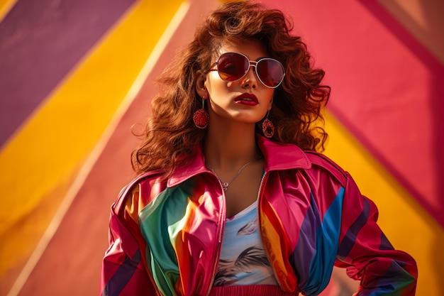 Woman in colorful 80s jacket 90s vibes concept image