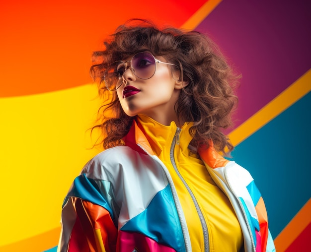 Woman in colorful 80s jacket 90s vibes concept image