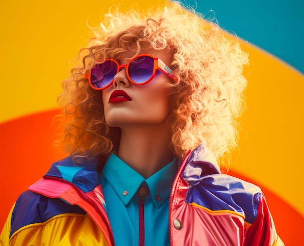 Woman in colorful 80s jacket 90s vibes concept image