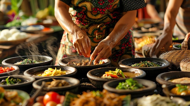 Photo a woman in a colorful apron is cooking a variety of traditional indonesian dishes in clay pots