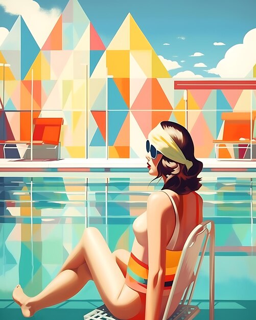 Woman in colorful bikini sitting near the pool