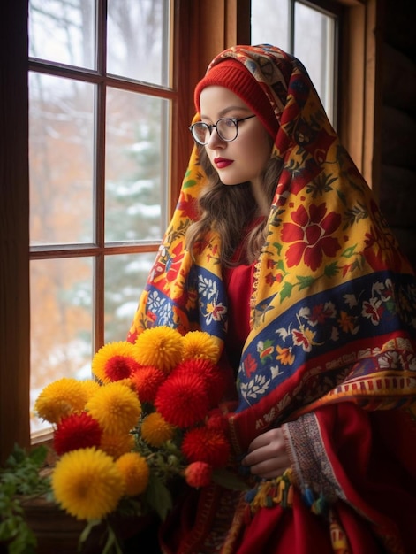 Photo a woman in a colorful blanket is looking out a window