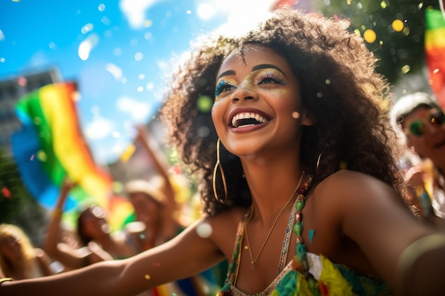 Photo a woman in a colorful brazil carnival wearing sunglasses smiles and laughs