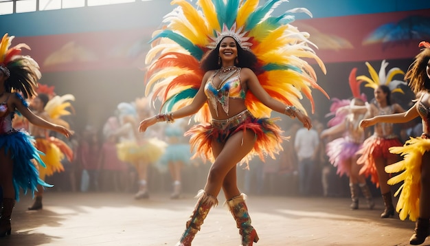 Женщина в красочном карнавалном костюме танцует на карнавале в Рио-де-Жанейро.