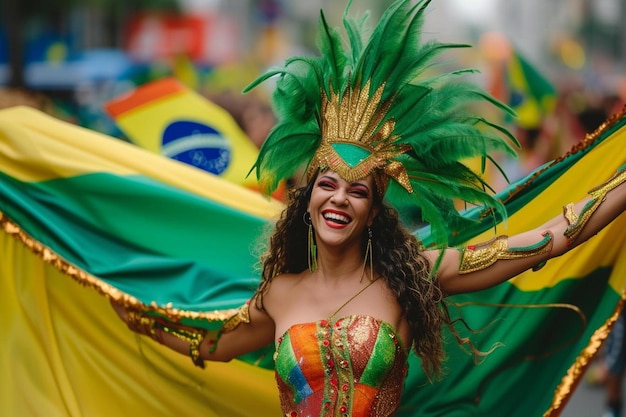 Foto una donna in un costume colorato che tiene una bandiera