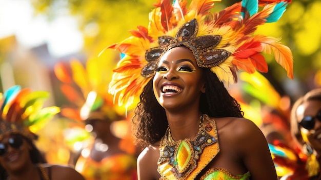 A woman in a colorful costume smiles at the camera