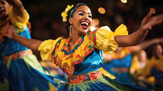 Photo a woman in a colorful costume with the word 