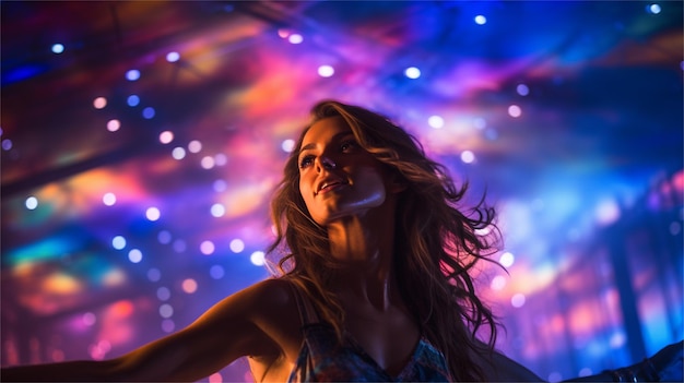 A woman in a colorful disco with the lights behind her