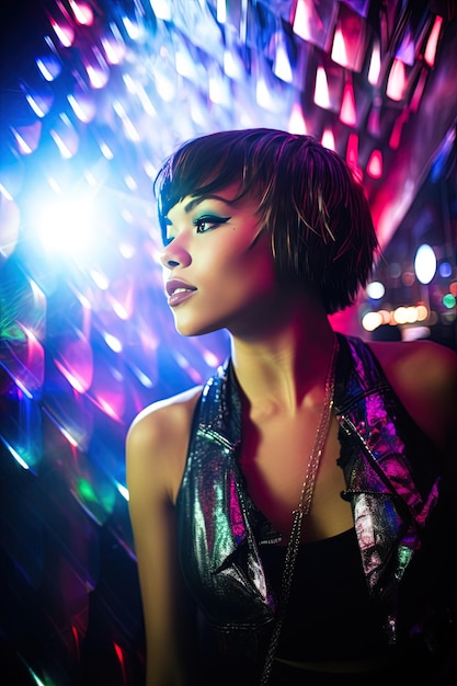 a woman in a colorful disco with lights behind her