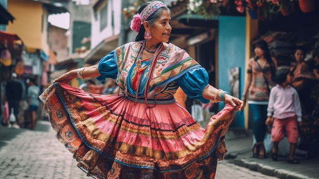 A woman in a colorful dress dances in a street.