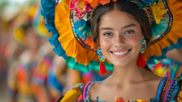 Photo woman in colorful dress and hat