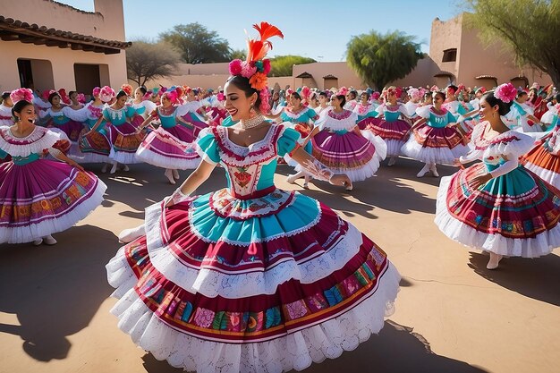 Photo a woman in a colorful dress is dancing in a circle with the words  do not  on the bottom