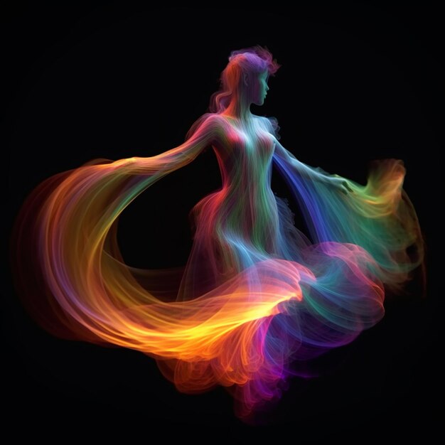 A woman in a colorful dress is dancing in the dark generative ai