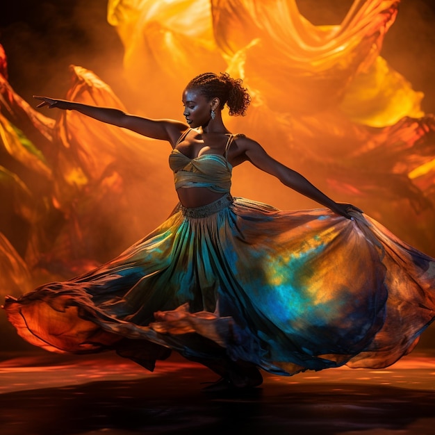 a woman in a colorful dress is dancing in front of flames.