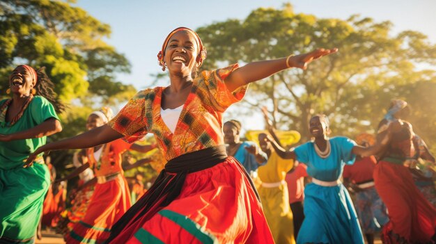 Photo a woman in a colorful dress is dancing with her arms outstretched.