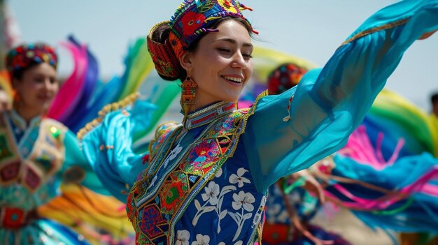 A woman in a colorful dress is dancing