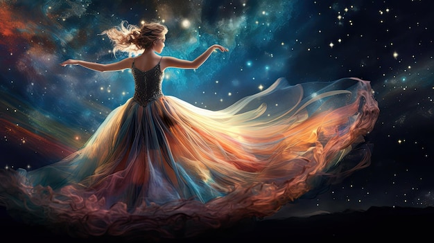 a woman in a colorful dress is flying in the sky with the stars.