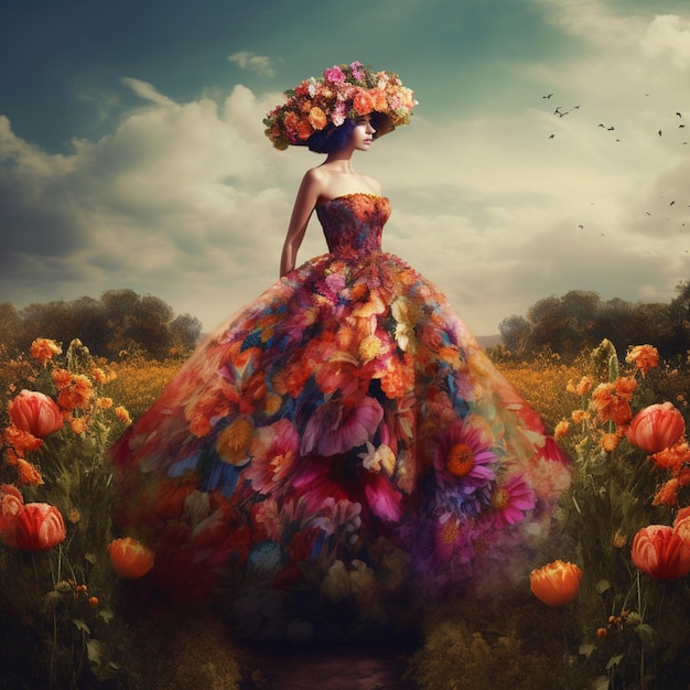 A woman in a colorful dress is standing in a field of flowers.