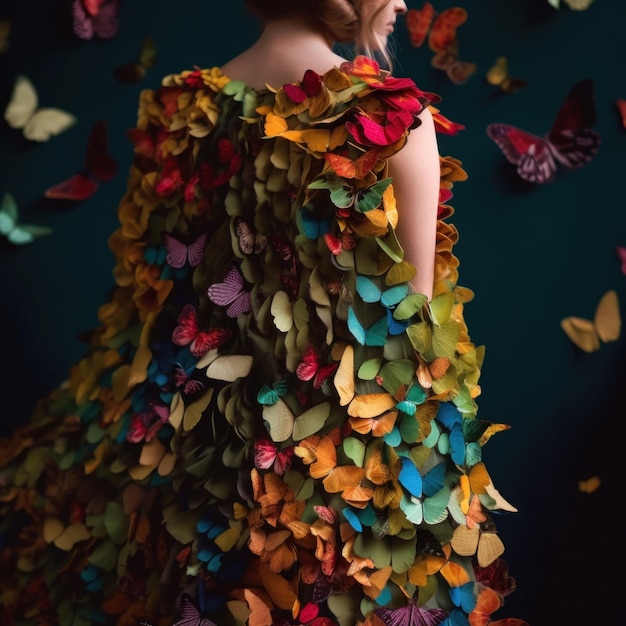 蝶で作られたカラフルなドレスを着た女性 AI生成画像