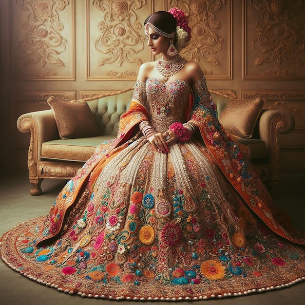 a woman in a colorful dress sits on a couch
