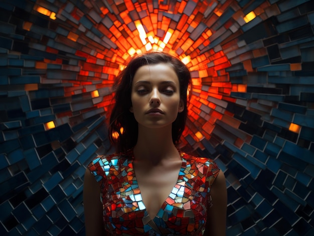 Photo a woman in a colorful dress standing in front of a mosaic wall