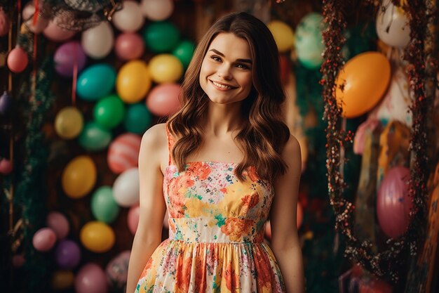 A woman in a colorful dress stands in front of a bunch of balloons.