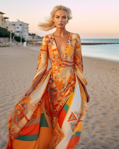 A woman in a colorful dress walks on the beach