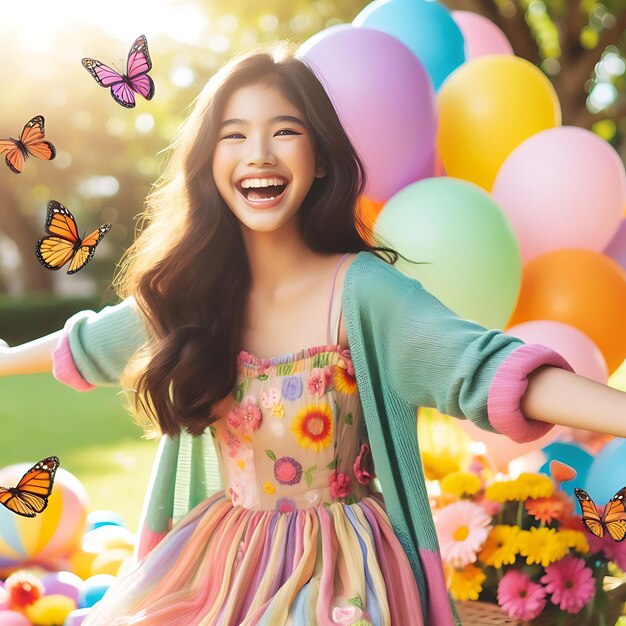 Photo a woman in a colorful dress with butterflies on her arm