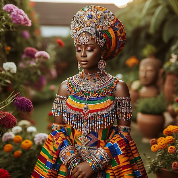 a woman in a colorful dress with flowers in the background