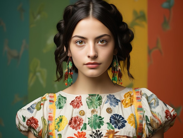 Photo woman in colorful dress with large earrings