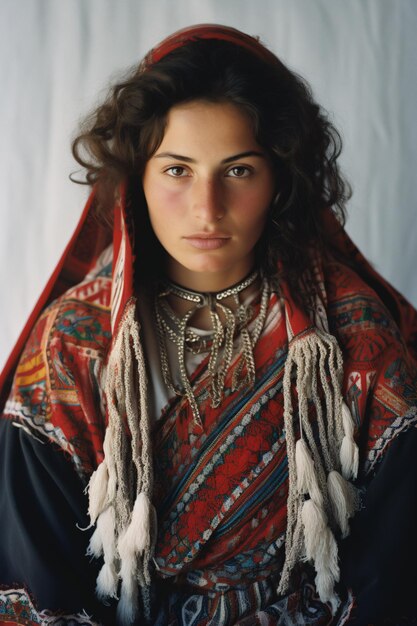 Photo a woman in a colorful dress with a scarf