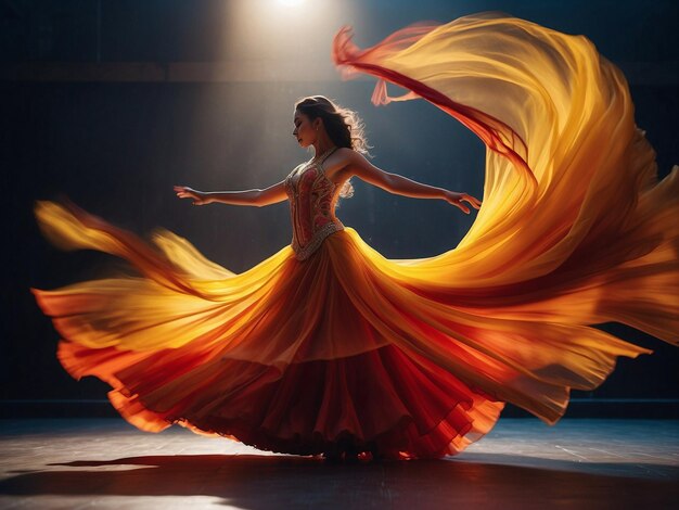 노란색과 오렌지색의 다채로운 드레스를 입은 여자가 무대에서 춤을 춘다.