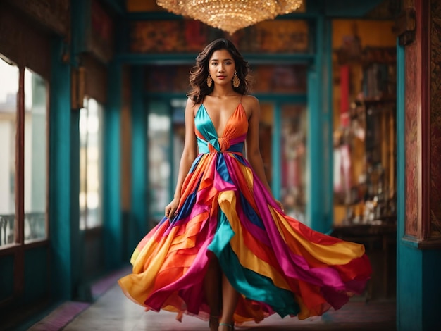 A woman in a colorful dress