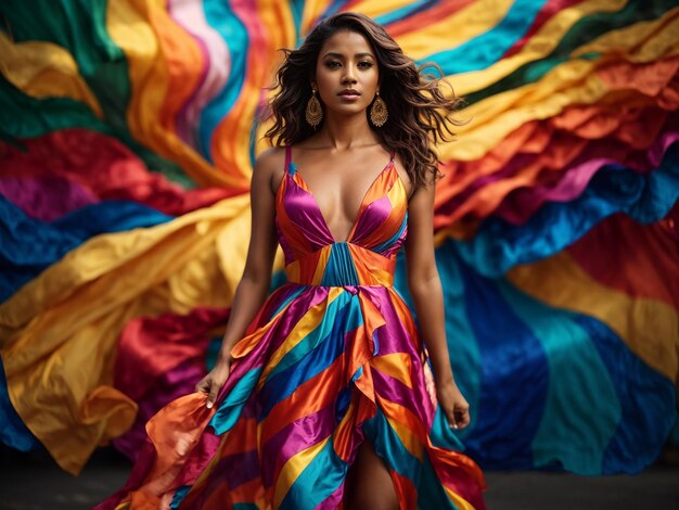 A woman in a colorful dress