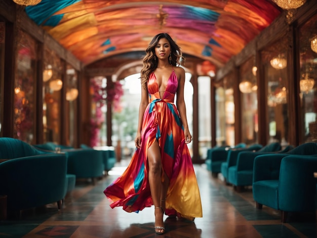 A woman in a colorful dress