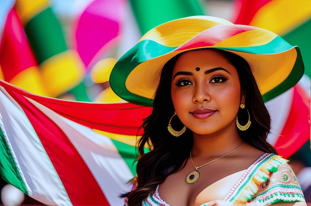 A woman in a colorful hat stands in front of a flag.