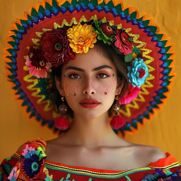 Photo a woman in a colorful hat with flowers on her head