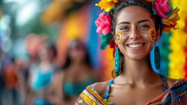 Foto una donna con un copricapo colorato sorride