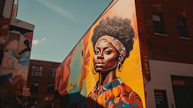 Woman in colorful headdress stands in front of group of people black man history