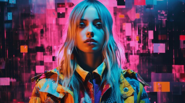 a woman in a colorful jacket standing in front of a colorful background