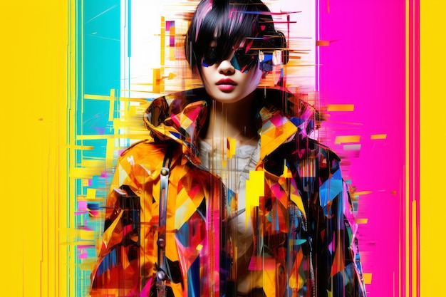 A woman in a colorful jacket standing in front of a colorful background